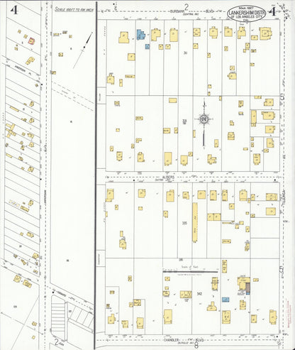 Sanborn Fire Insurance Map from Lankershim, Los Angeles County, California (1927), Sheet #0004 - Complete Map Set gallery image, historic Sanborn map, vintage wall art, California California