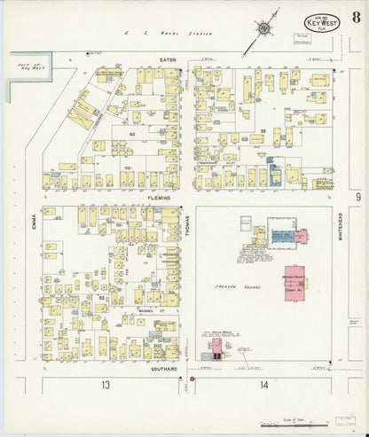 Sanborn Fire Insurance Map from Key West, Monroe County, Florida (1912), Sheet #0008 - Historic Sanborn Fire Insurance Map Print, vintage old map wall art, antique decor, genealogy gift, Florida Florida map
