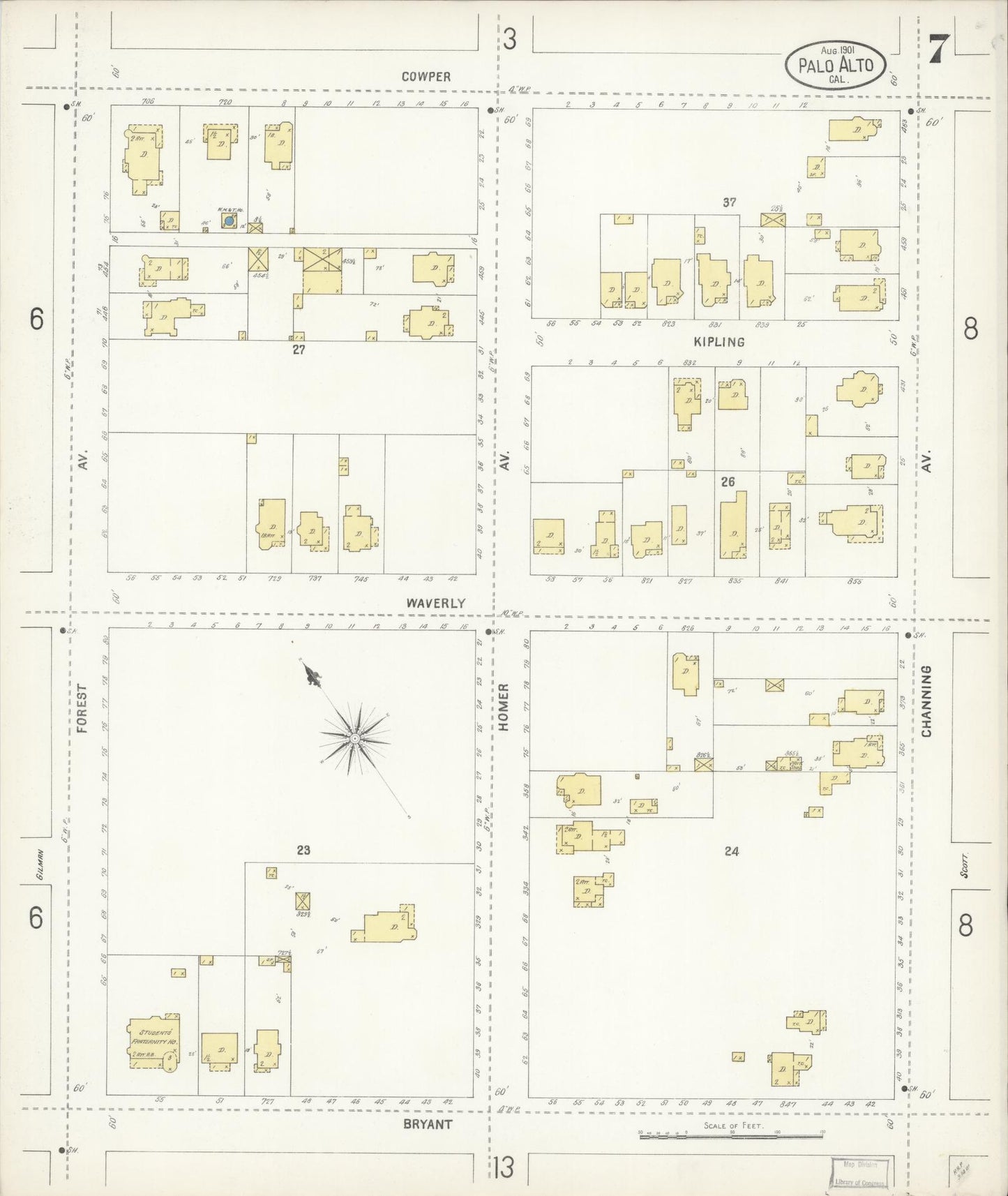 Sanborn Fire Insurance Map from Palo Alto, Santa Clara County, California (1901), Sheet #0007 - Complete Map Set gallery image, historic Sanborn map, vintage wall art, California California