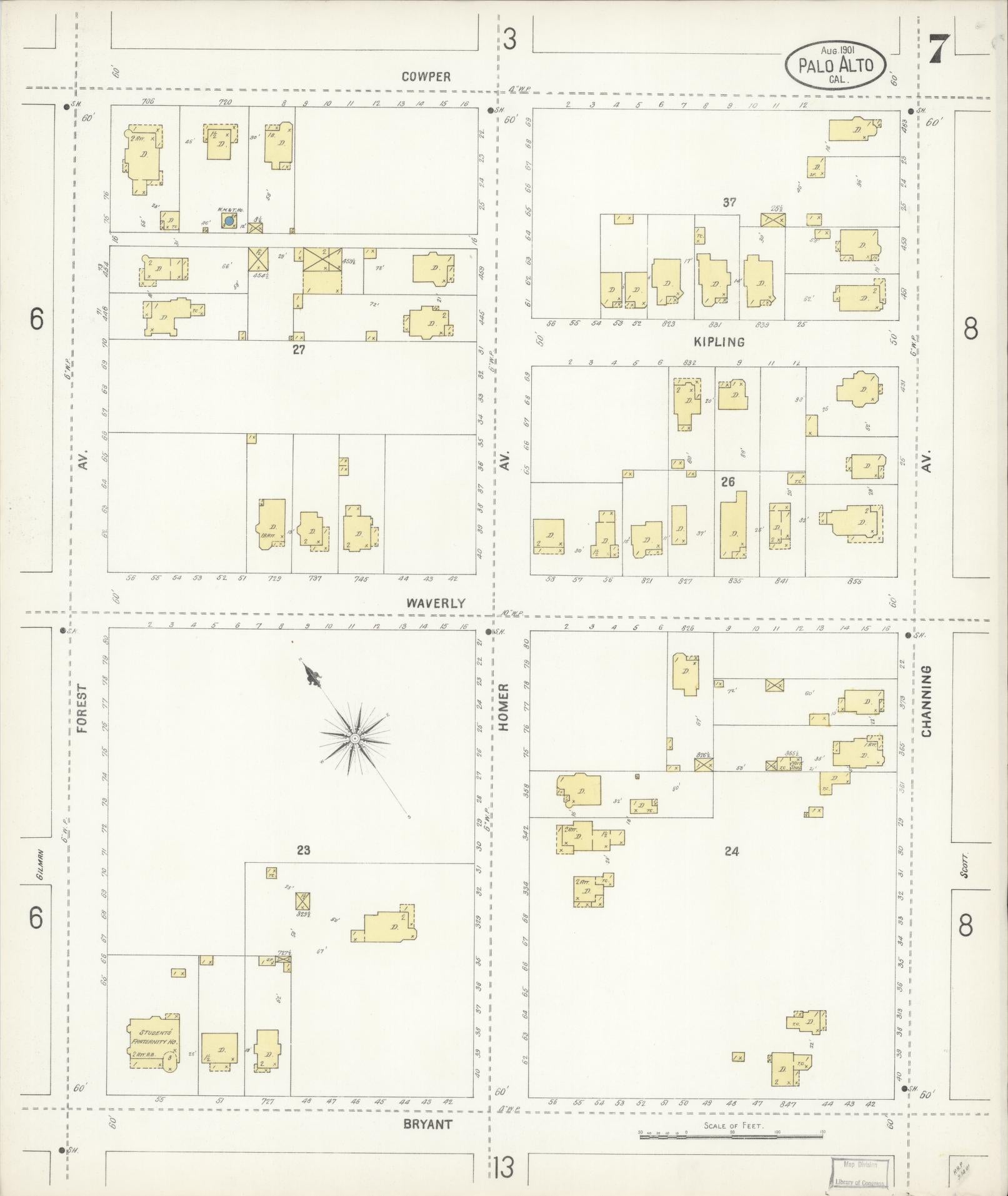 Sanborn Fire Insurance Map from Palo Alto, Santa Clara County, California (1901), Sheet #0007 - Complete Map Set gallery image, historic Sanborn map, vintage wall art, California California