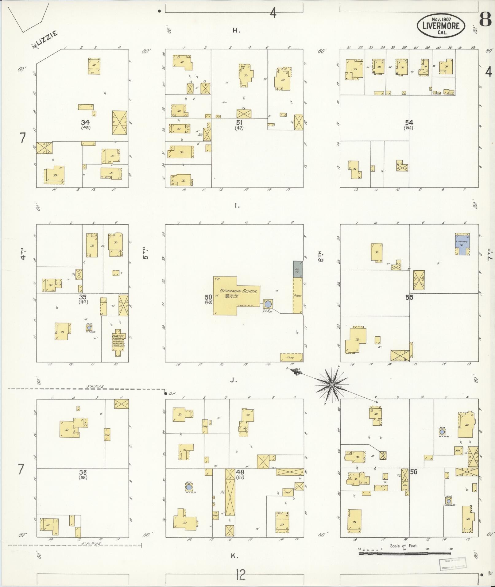 Sanborn Fire Insurance Map from Livermore, Alameda County, California (1907), Sheet #0008 - Historic Sanborn Fire Insurance Map Print, vintage old map wall art, antique decor, genealogy gift, California California map
