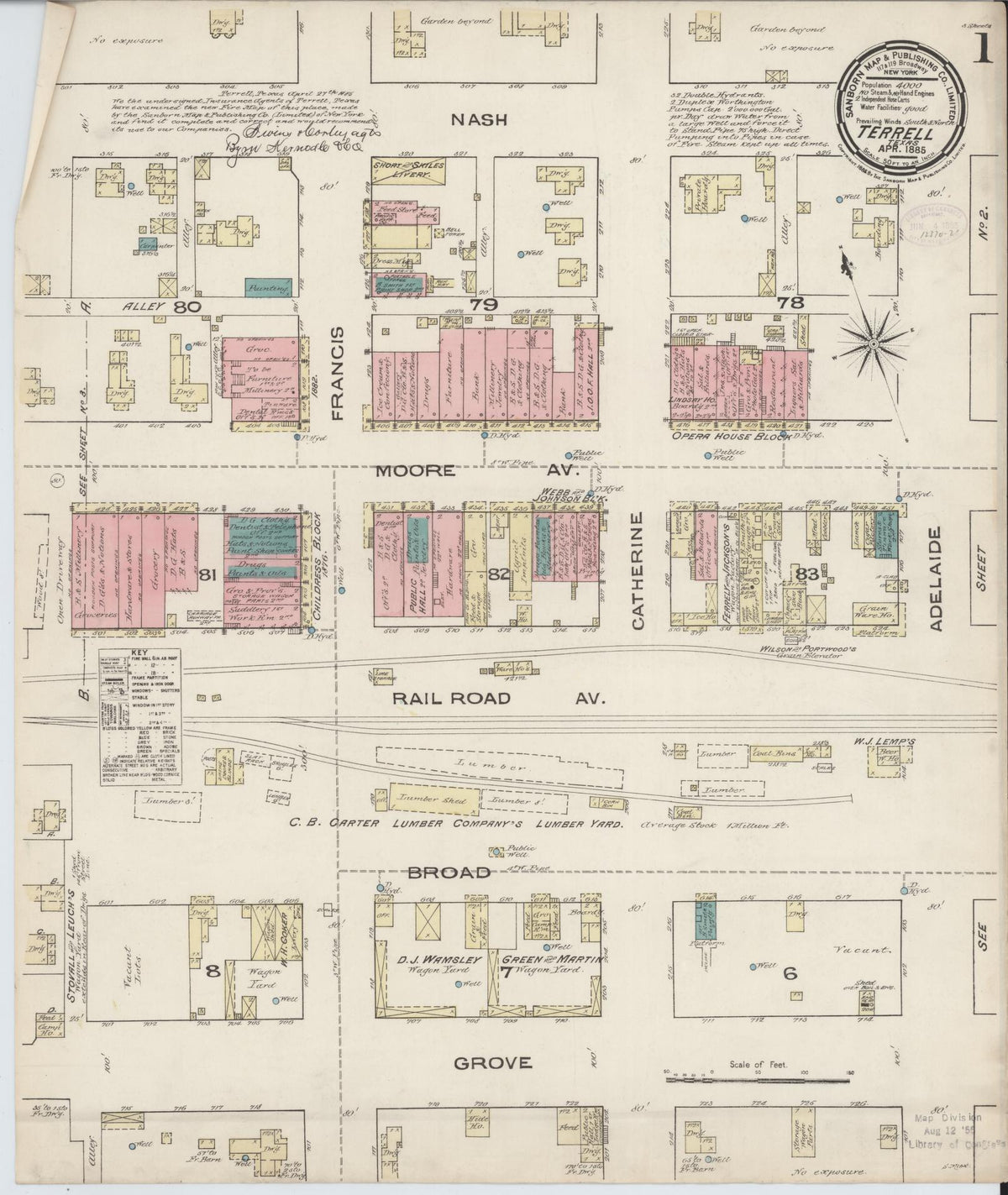 Sanborn Fire Insurance Map from Terrell, Kaufman County, Texas (1885), Sheet #0001 - Historic Sanborn Fire Insurance Map Print, vintage old map wall art, antique decor, genealogy gift, Texas Texas map