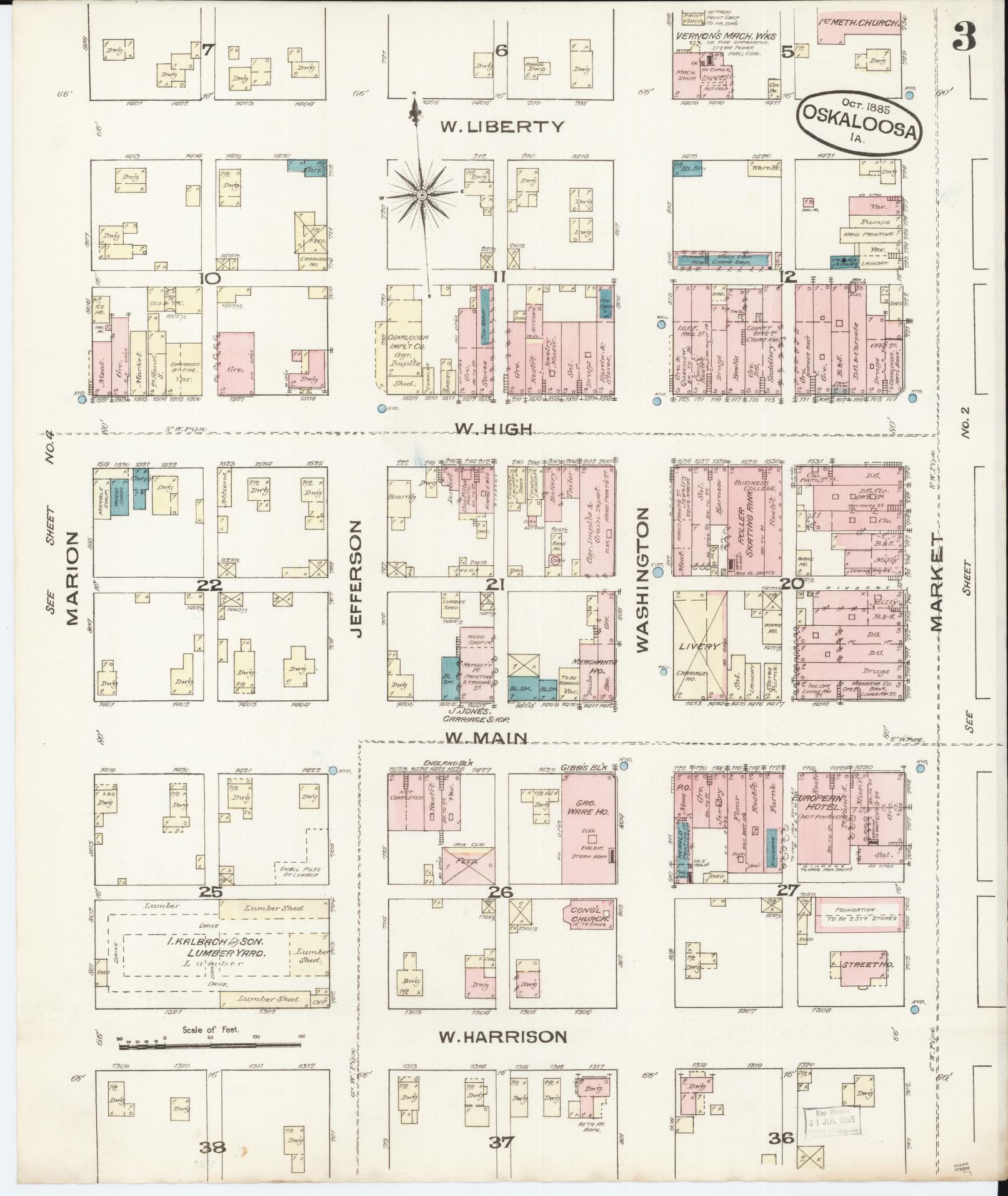 Sanborn Fire Insurance Map from Oskaloosa, Mahaska County, Iowa (1885), Sheet #0003 - Historic Sanborn Fire Insurance Map Print