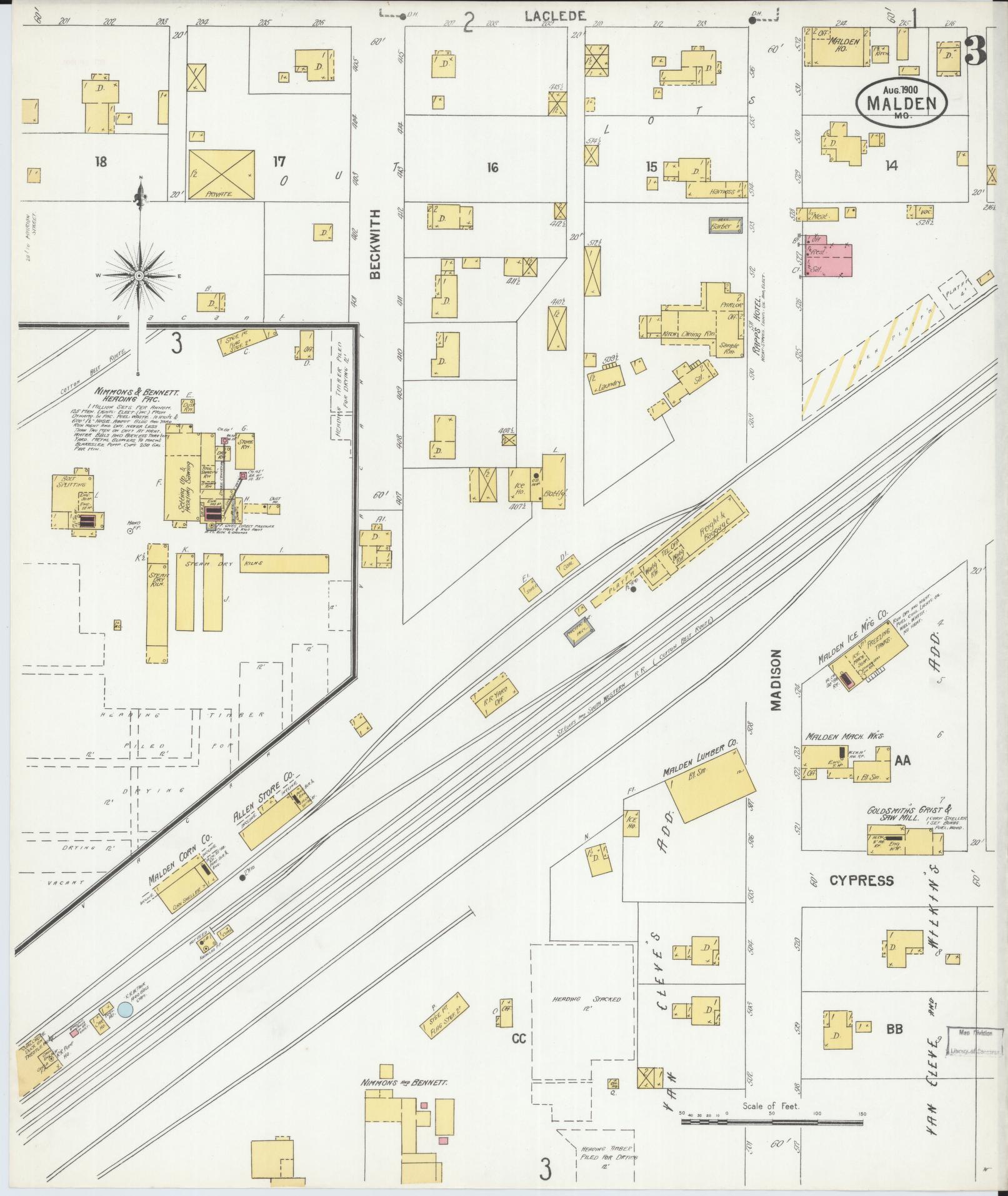 Sanborn Fire Insurance Map from Malden, Dunklin County, Missouri (1900), Sheet #0003 - Complete Map Set gallery image, historic Sanborn map, vintage wall art, Missouri Missouri