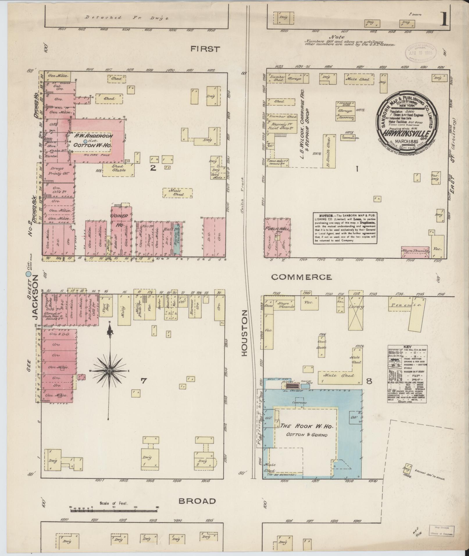 Sanborn Fire Insurance Map from Hawkinsville, Pulaski County, Georgia (1885), Sheet #0001 - Historic Sanborn Fire Insurance Map Print, vintage old map wall art, antique decor, genealogy gift, Georgia Georgia map