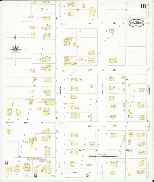 Sanborn Fire Insurance Map from Cedar Falls, Black Hawk County, Iowa (1909), Sheet #0016 - Historic Sanborn Fire Insurance Map Print, vintage old map wall art