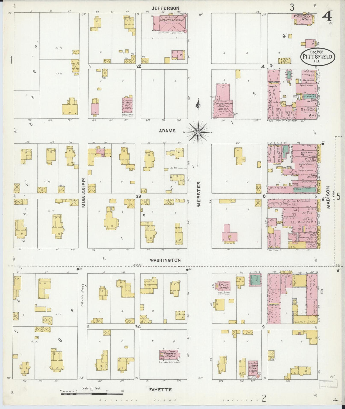 Sanborn Fire Insurance Map from Pittsfield, Pike County, Illinois (1905), Sheet #0004 - Historic Sanborn Fire Insurance Map Print, vintage old map wall art, antique decor, genealogy gift, Illinois Illinois map
