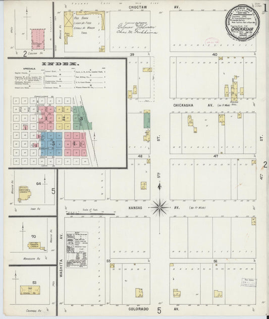 Sanborn Fire Insurance Map from Chickasha, Grady County, Oklahoma (1896), Sheet #0001 - Historic Sanborn Fire Insurance Map Print, vintage old map wall art, antique decor, genealogy gift, Oklahoma Oklahoma map