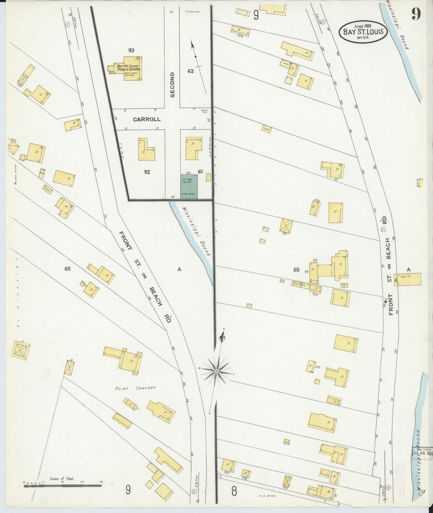 Sanborn Fire Insurance Map from Bay Saint Louis, Hancock County, Mississippi (1909), Sheet #0009 - Historic Sanborn Fire Insurance Map Print, vintage old map wall art, antique decor, genealogy gift, Mississippi Mississippi map