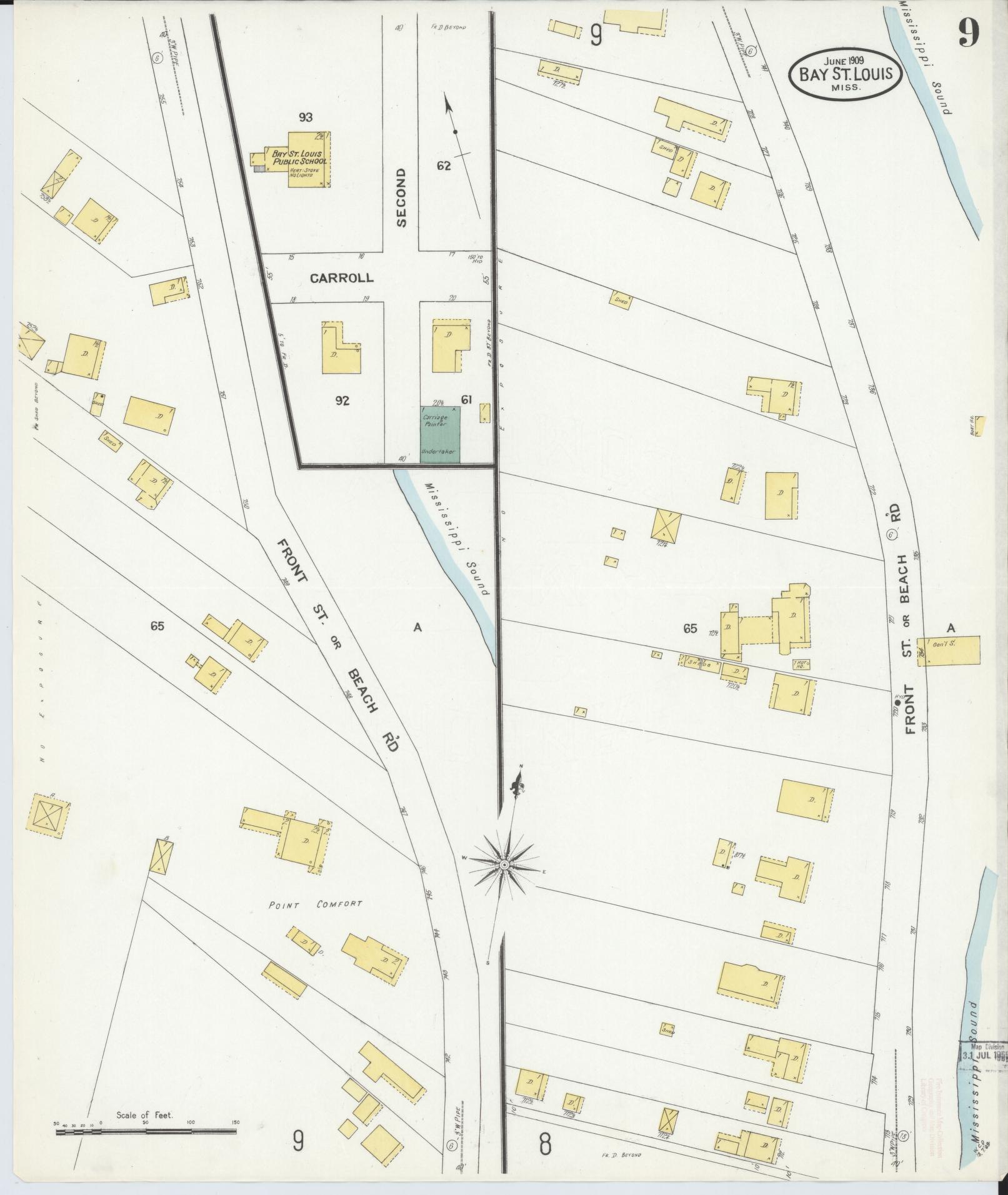 Sanborn Fire Insurance Map from Bay Saint Louis, Hancock County, Mississippi (1909), Sheet #0009 - Historic Sanborn Fire Insurance Map Print, vintage old map wall art, antique decor, genealogy gift, Mississippi Mississippi map