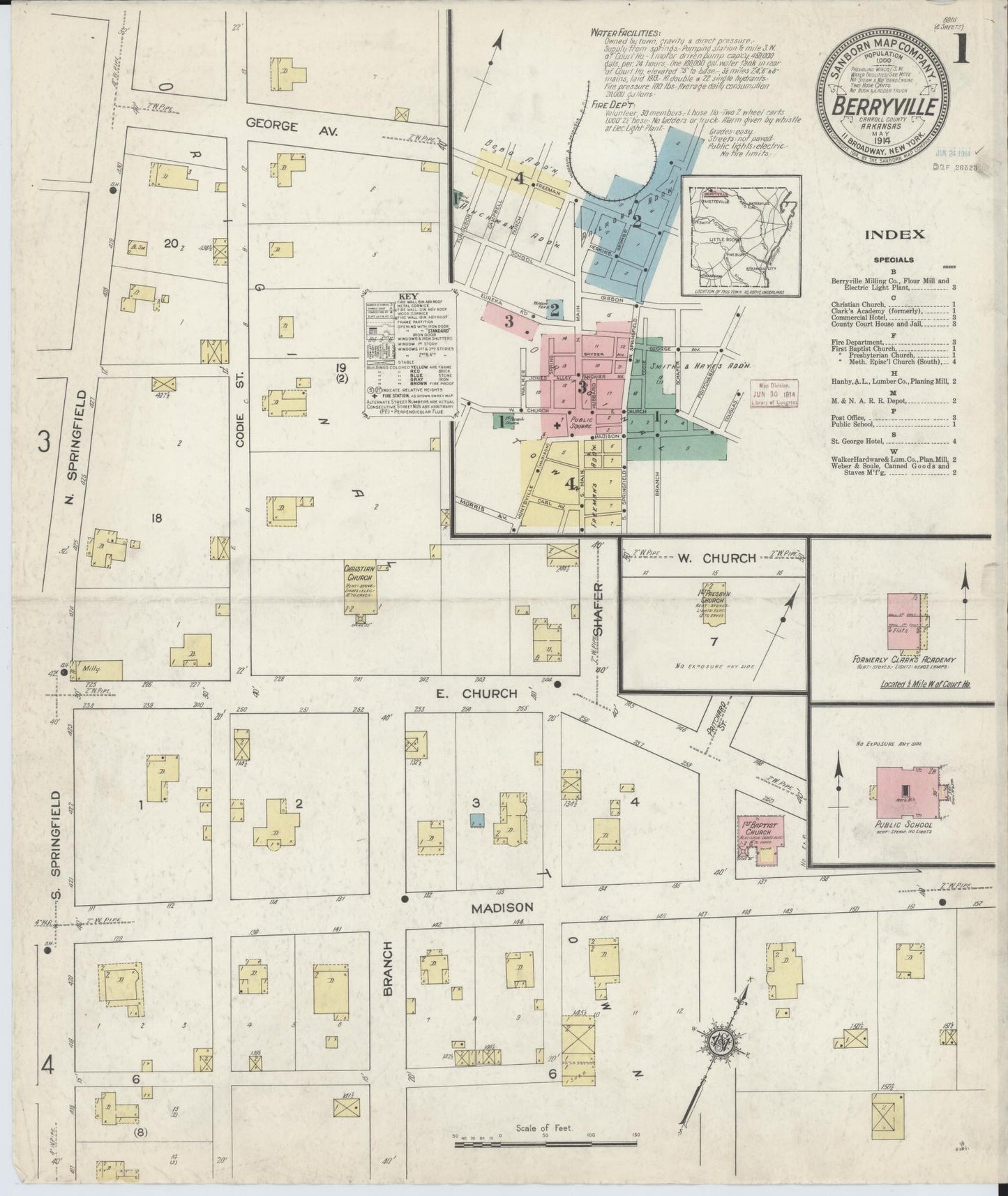 Sanborn Fire Insurance Map from Berryville, Carroll County, Arkansas. (1914) – Historic Sanborn Fire Insurance Map Print