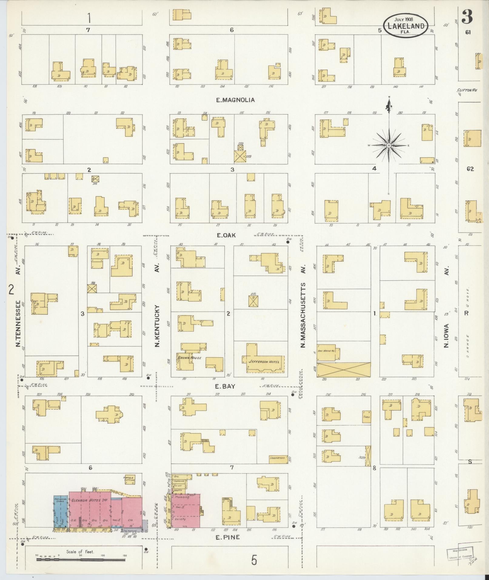Sanborn Fire Insurance Map from Lakeland, Polk County, Florida (1908), Sheet #0003 - Complete Map Set gallery image, historic Sanborn map, vintage wall art, Florida Florida