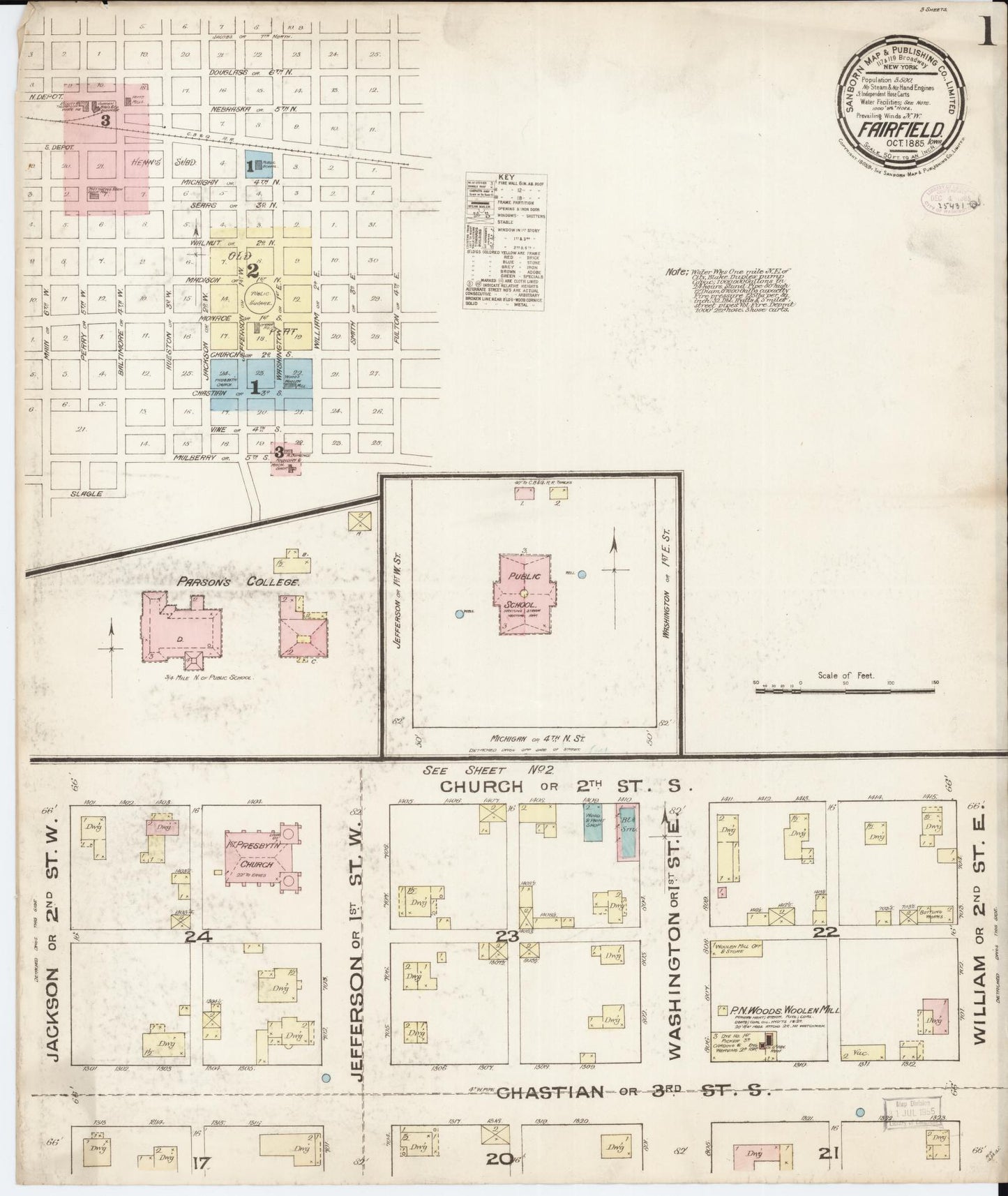 Sanborn Fire Insurance Map from Fairfield, Jefferson County, Iowa (1885), Sheet #0001 - Historic Sanborn Fire Insurance Map Print, vintage old map wall art