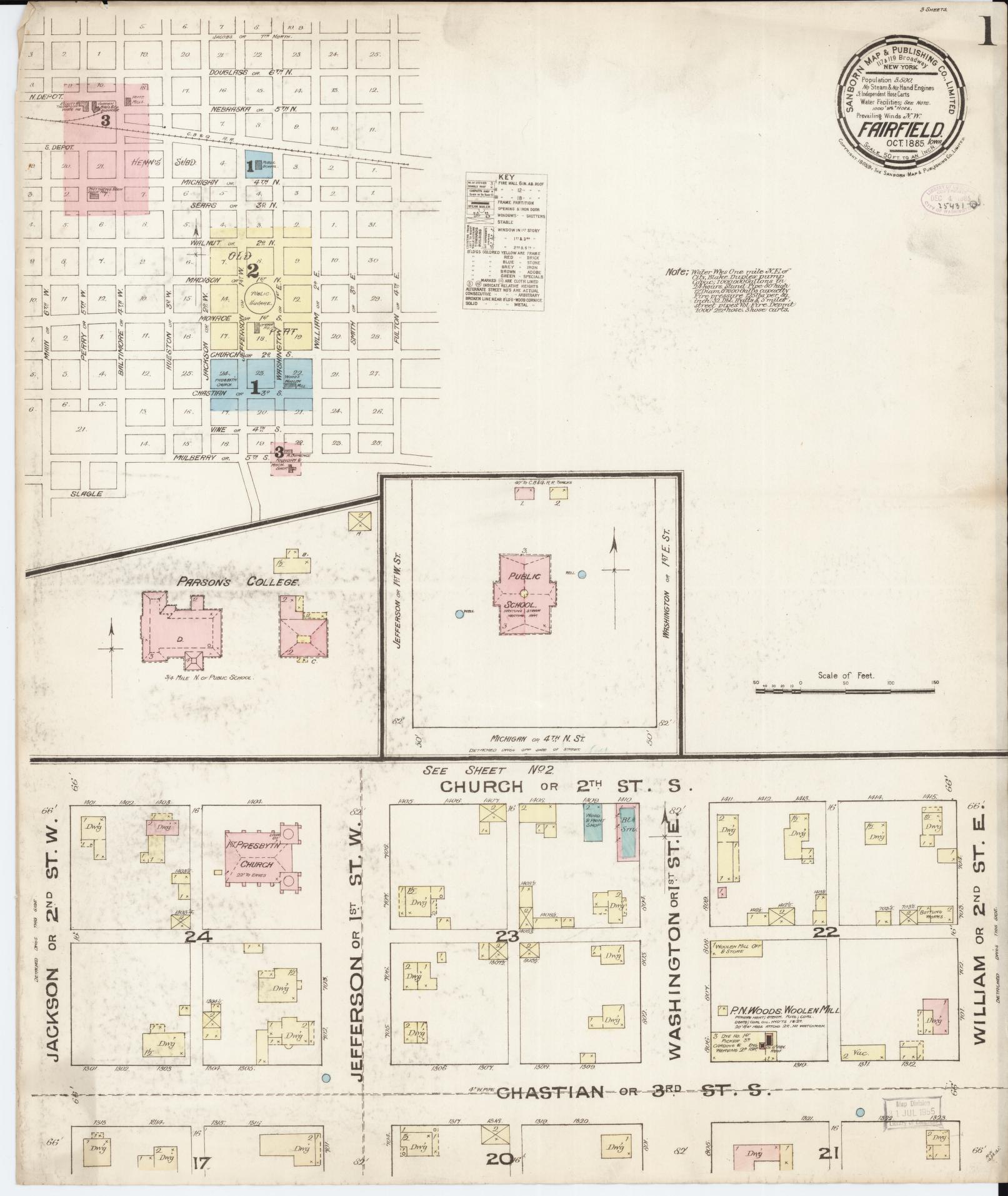 Sanborn Fire Insurance Map from Fairfield, Jefferson County, Iowa (1885), Sheet #0001 - Historic Sanborn Fire Insurance Map Print, vintage old map wall art