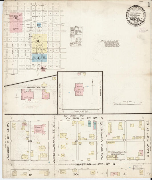 Sanborn Fire Insurance Map from Fairfield, Jefferson County, Iowa (1885), Sheet #0001 - Historic Sanborn Fire Insurance Map Print, vintage old map wall art