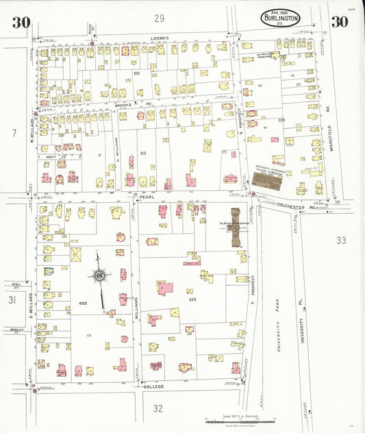 Sanborn Fire Insurance Map from Burlington, Chittenden County, Vermont (1926), Sheet #0030 - Historic Sanborn Fire Insurance Map Print, vintage old map wall art, antique decor, genealogy gift, Vermont Vermont map