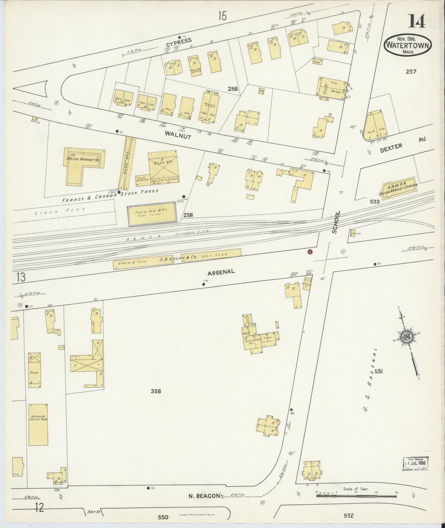 Sanborn Fire Insurance Map from Watertown, Middlesex County, Massachusetts (1916), Sheet #0014 - Complete Map Set gallery image, historic Sanborn map, vintage wall art, Massachusetts Massachusetts