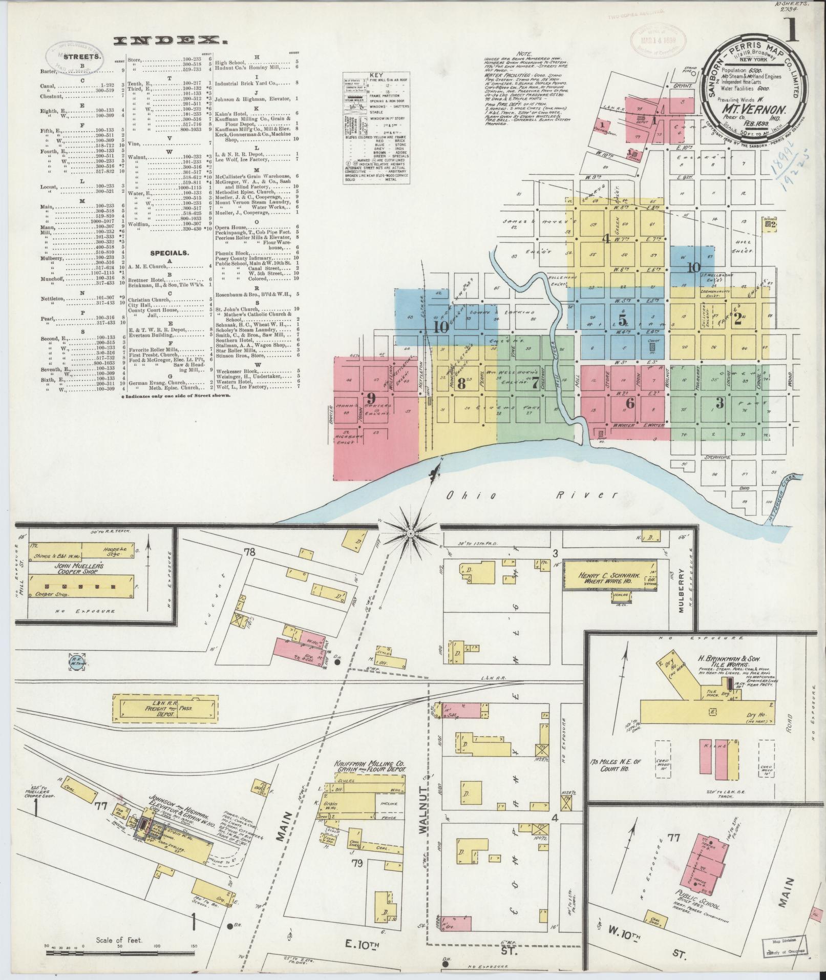 Sanborn Fire Insurance Map from Mount Vernon, Posey County, Indiana (1899), Sheet #0001 - Historic Sanborn Fire Insurance Map Print, vintage old map wall art, antique decor, genealogy gift, Indiana Indiana map
