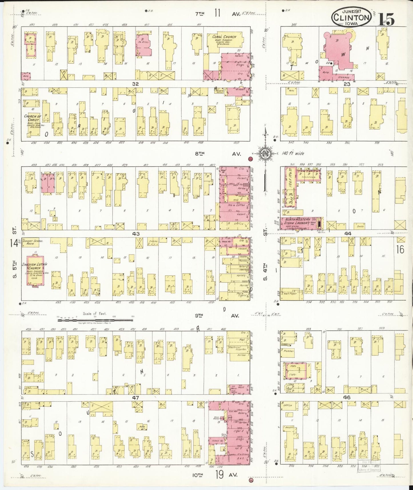 Sanborn Fire Insurance Map from Clinton, Clinton County, Iowa (1917), Sheet #0015 - Historic Sanborn Fire Insurance Map Print, vintage old map wall art