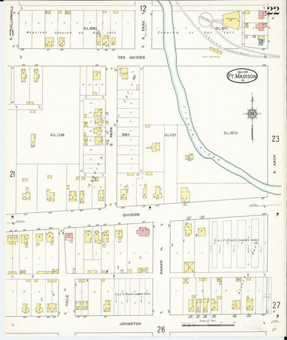 Sanborn Fire Insurance Map from Fort Madison, Lee County, Iowa (1913), Sheet #0022 - Historic Sanborn Fire Insurance Map Print, vintage old map wall art