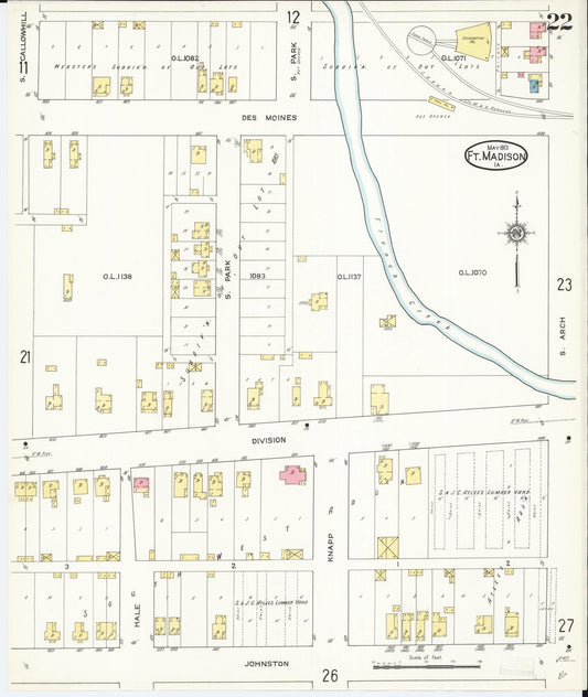 Sanborn Fire Insurance Map from Fort Madison, Lee County, Iowa (1913), Sheet #0022 - Historic Sanborn Fire Insurance Map Print, vintage old map wall art