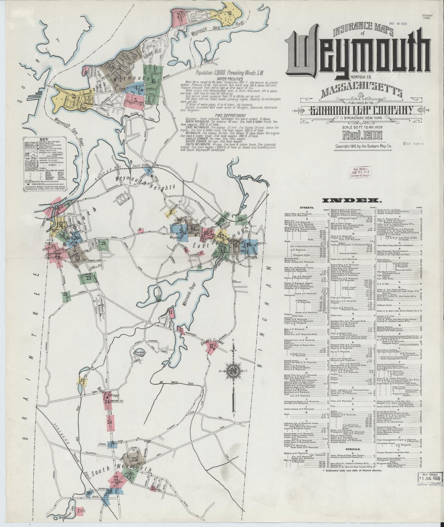 Sanborn Fire Insurance Map from Weymouth, Norfolk County, Massachusetts (1910), Sheet #0001 - Historic Sanborn Fire Insurance Map Print, vintage old map wall art, antique decor, genealogy gift, Massachusetts Massachusetts map