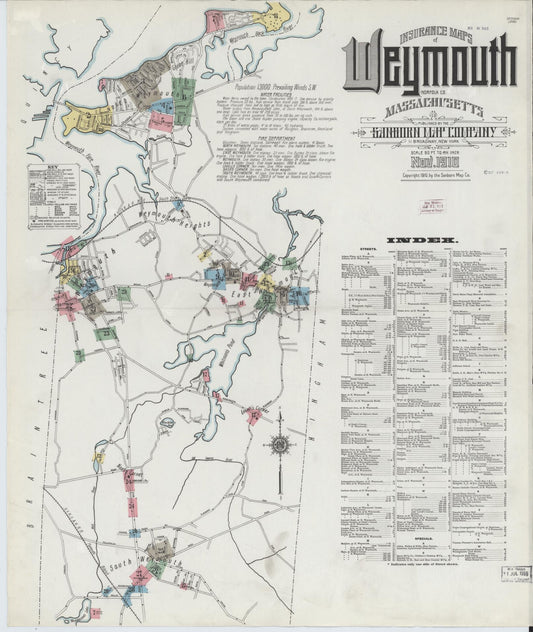 Sanborn Fire Insurance Map from Weymouth, Norfolk County, Massachusetts (1910), Sheet #0001 - Historic Sanborn Fire Insurance Map Print, vintage old map wall art, antique decor, genealogy gift, Massachusetts Massachusetts map
