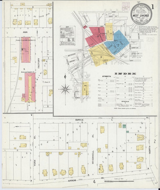 Sanborn Fire Insurance Map from West Chicago, Du Page County, Illinois (1905), Sheet #0001 - Complete Map Set gallery image, historic Sanborn map, vintage wall art, Illinois Illinois
