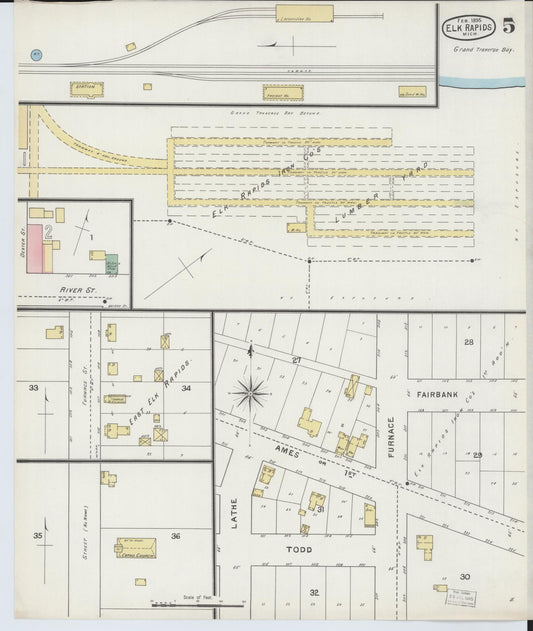 Sanborn Fire Insurance Map from Elk Rapids, Antrim County, Michigan (1895), Sheet #0005 - Historic Sanborn Fire Insurance Map Print, vintage old map wall art, antique decor, genealogy gift, Michigan Michigan map
