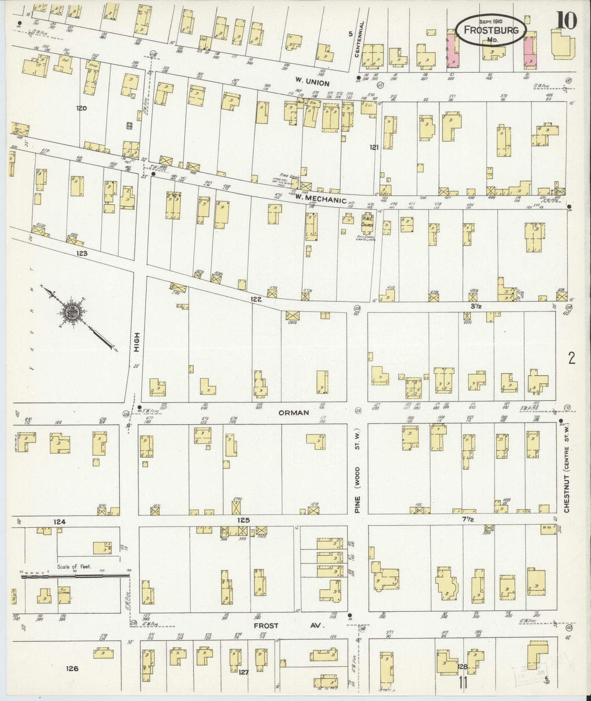 Sanborn Fire Insurance Map from Frostburg, Allegany County, Maryland (1910), Sheet #0010 - Historic Sanborn Fire Insurance Map Print, vintage old map wall art, antique decor, genealogy gift, Maryland Maryland map
