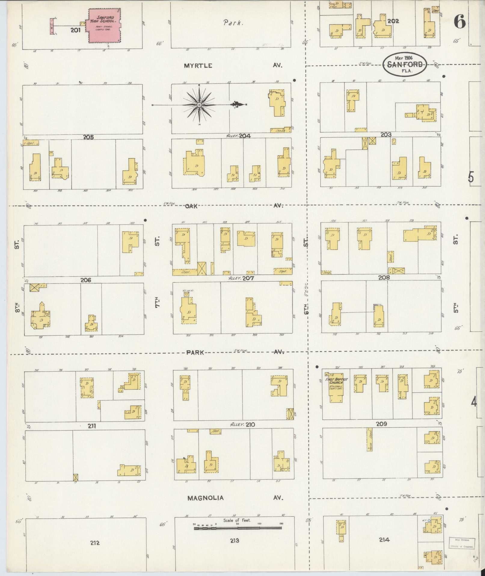 Sanborn Fire Insurance Map from Sanford, Seminole County, Florida (1906), Sheet #0006 - Historic Sanborn Fire Insurance Map Print, vintage old map wall art, antique decor, genealogy gift, Florida Florida map
