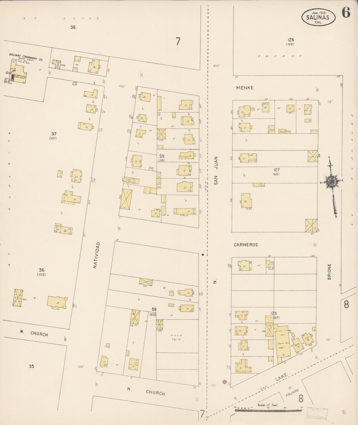 Sanborn Fire Insurance Map from Salinas, Monterey County, California (1913), Sheet #0006 - Complete Map Set gallery image, historic Sanborn map, vintage wall art, California California