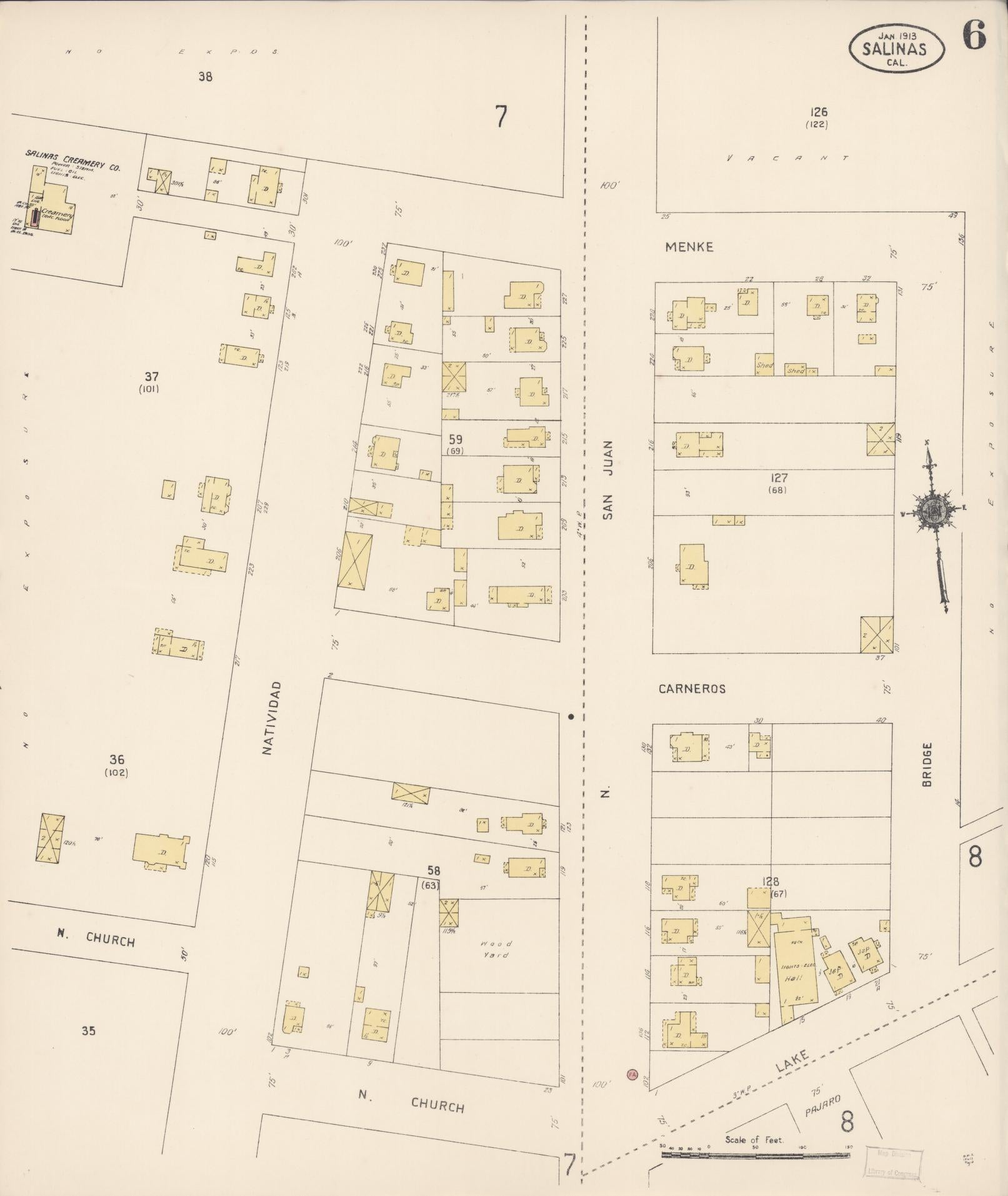 Sanborn Fire Insurance Map from Salinas, Monterey County, California (1913), Sheet #0006 - Complete Map Set gallery image, historic Sanborn map, vintage wall art, California California