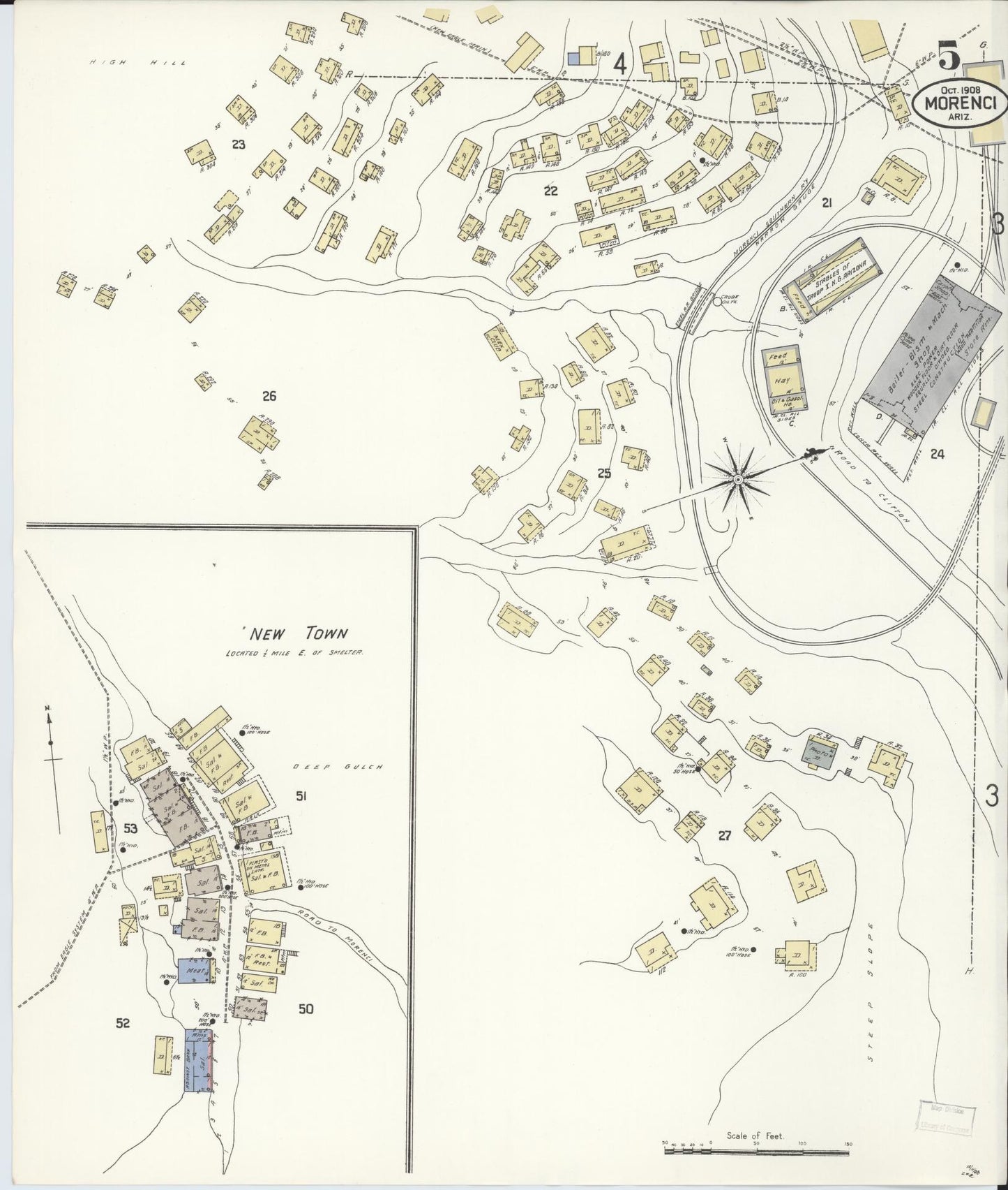 Sanborn Fire Insurance Map from Morenci, Greenlee County, Arizona (1908), Sheet #0005 - Complete Map Set gallery image, historic Sanborn map, vintage wall art, Arizona Arizona