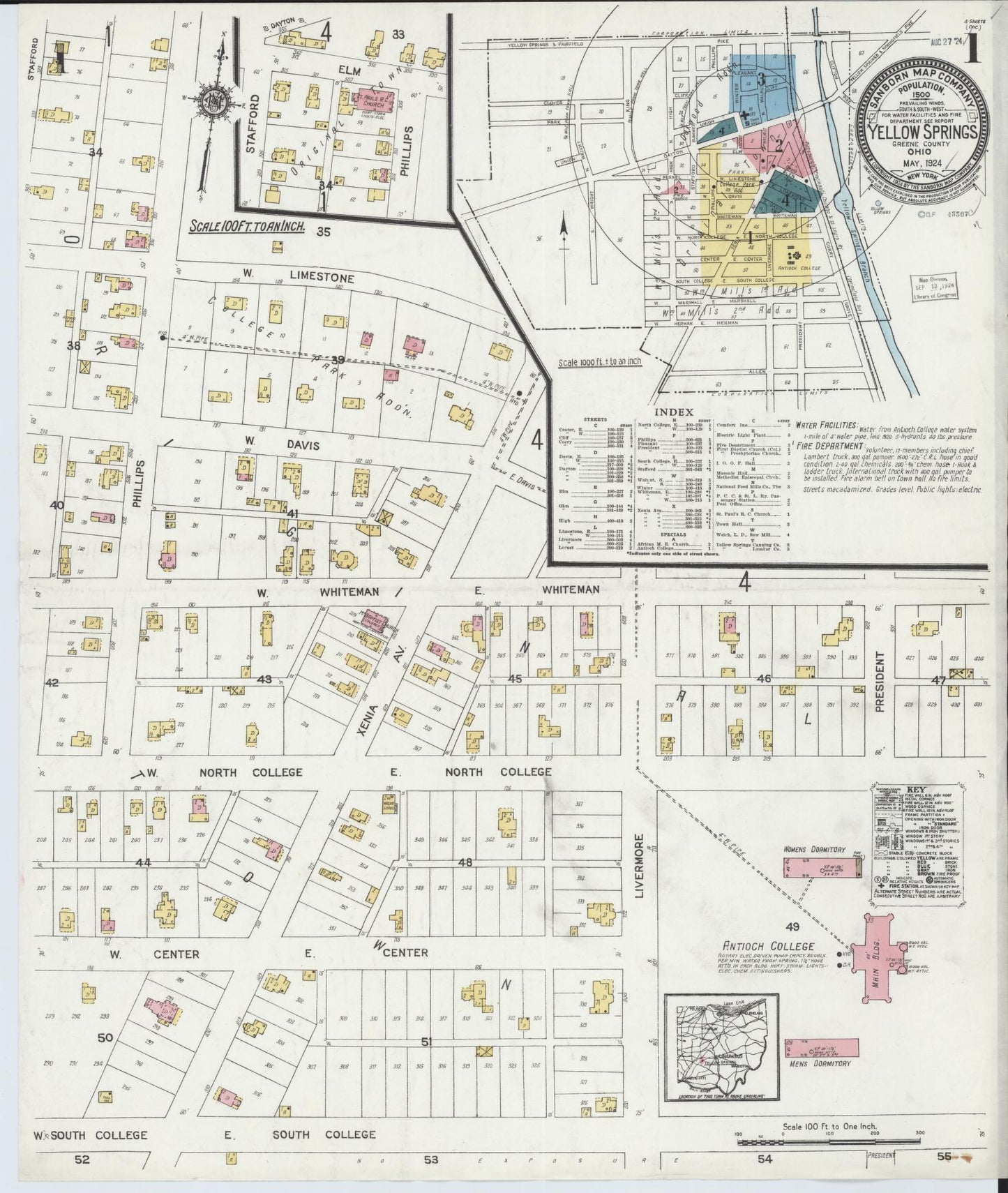 Sanborn Fire Insurance Map from Yellow Springs, Greene County, Ohio (1924), Sheet #0001 - Complete Map Set gallery image, historic Sanborn map, vintage wall art, Ohio Ohio