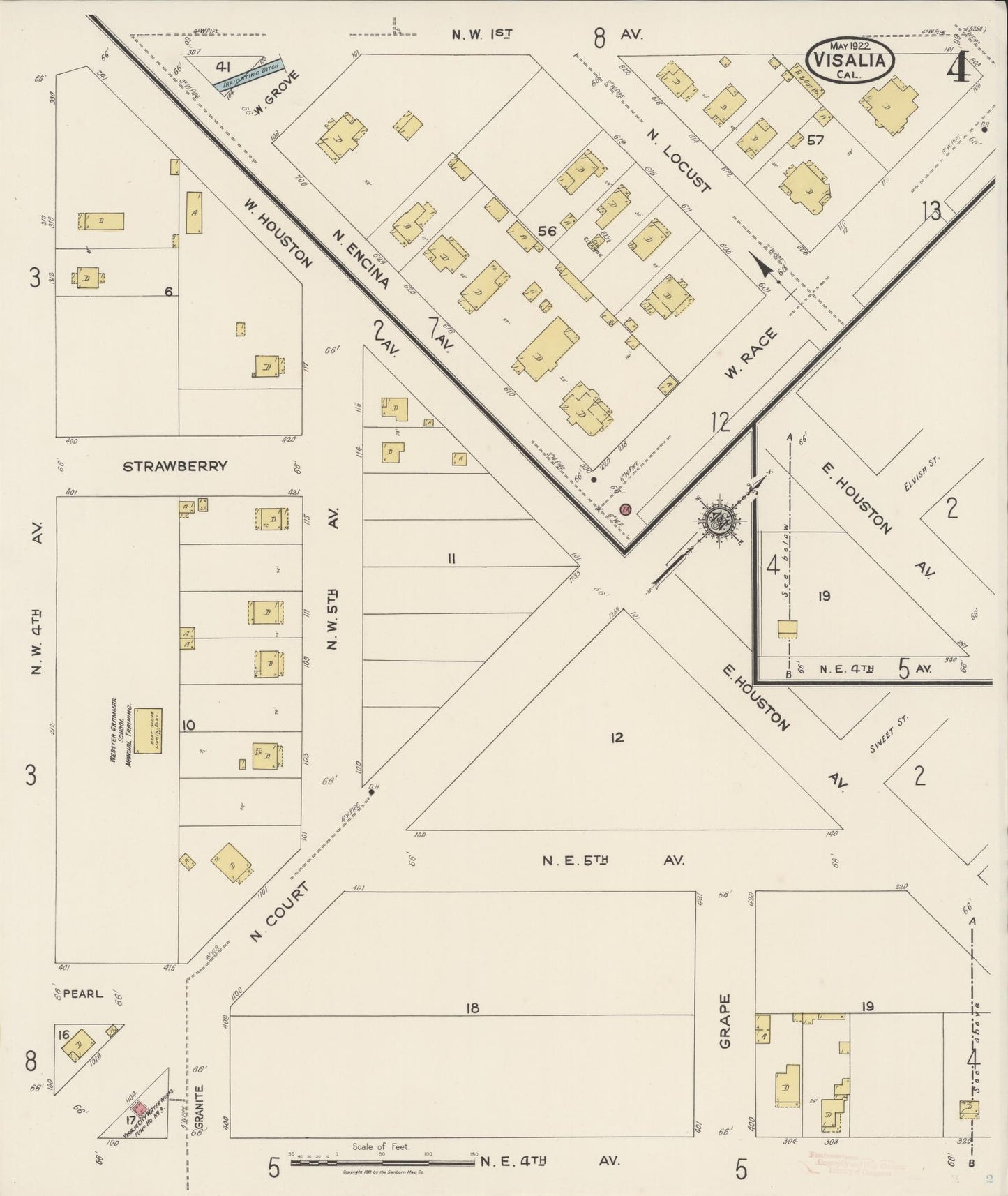 Sanborn Fire Insurance Map from Visalia, Tulare County, California (1922), Sheet #0004 - Complete Map Set gallery image, historic Sanborn map, vintage wall art, California California