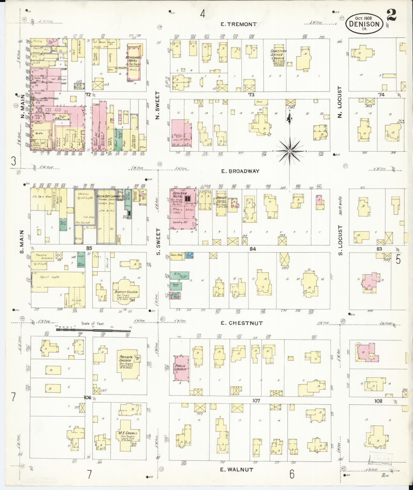 Sanborn Fire Insurance Map from Denison, Crawford County, Iowa (1908), Sheet #0002 - Historic Sanborn Fire Insurance Map Print, vintage old map wall art