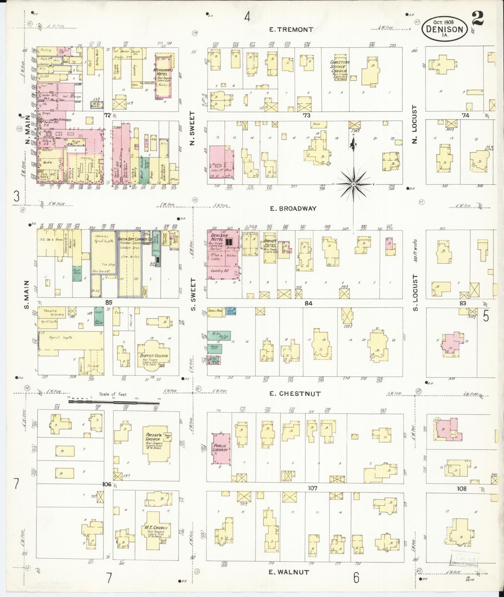 Sanborn Fire Insurance Map from Denison, Crawford County, Iowa (1908), Sheet #0002 - Historic Sanborn Fire Insurance Map Print, vintage old map wall art