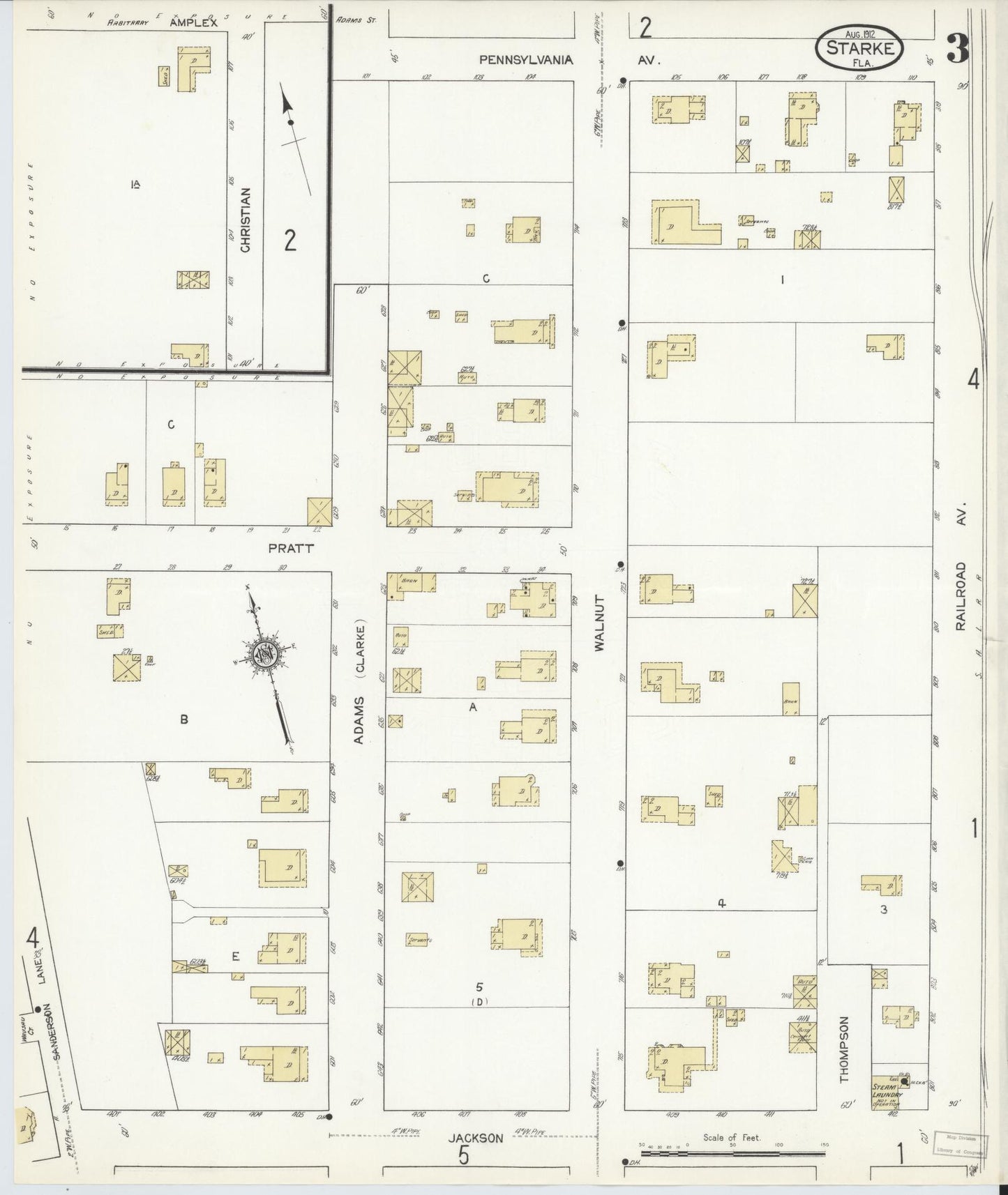 Sanborn Fire Insurance Map from Starke, Bradford County, Florida (1912), Sheet #0003 - Historic Sanborn Fire Insurance Map Print, vintage old map wall art, antique decor, genealogy gift, Florida Florida map