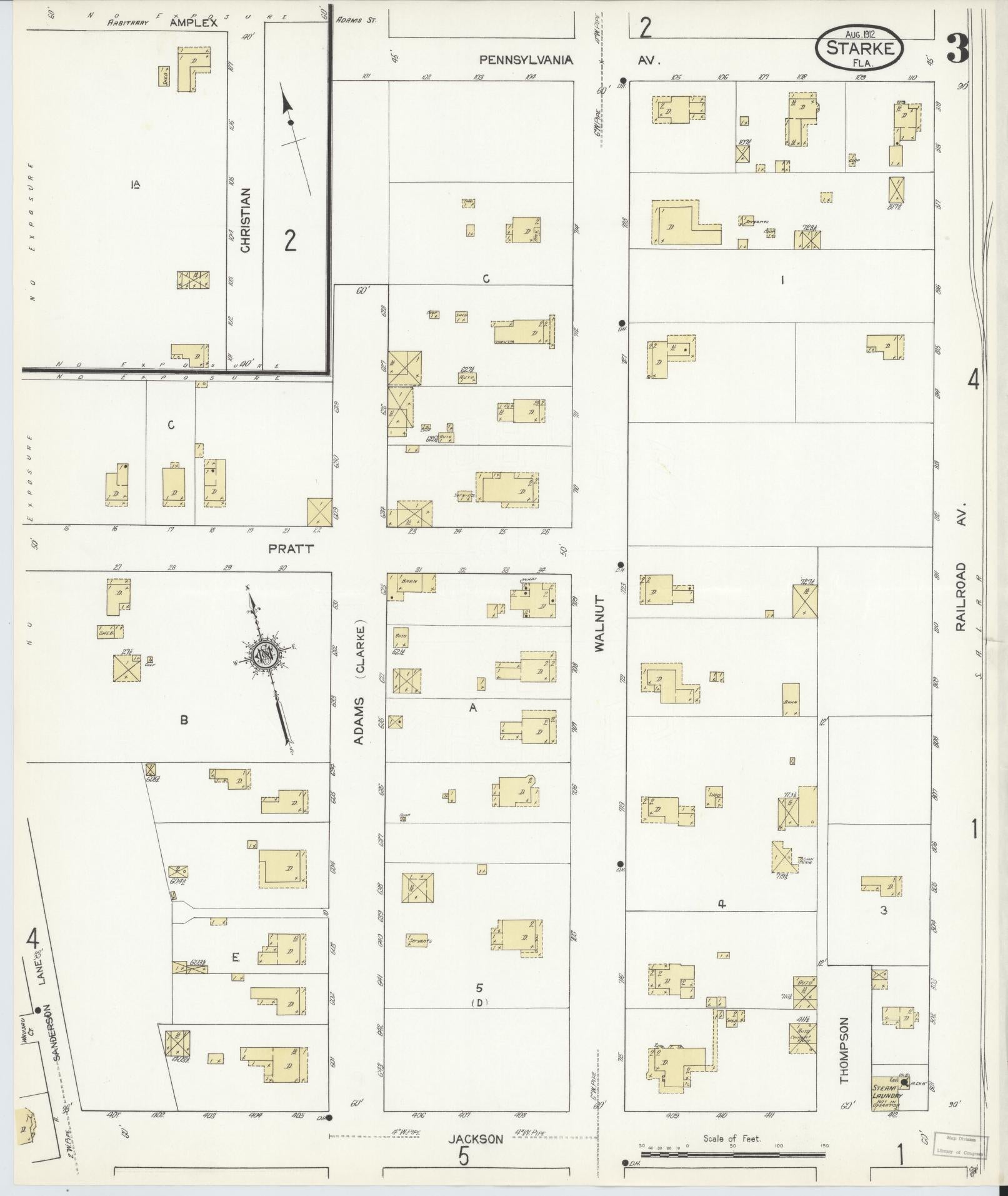 Sanborn Fire Insurance Map from Starke, Bradford County, Florida (1912), Sheet #0003 - Historic Sanborn Fire Insurance Map Print, vintage old map wall art, antique decor, genealogy gift, Florida Florida map