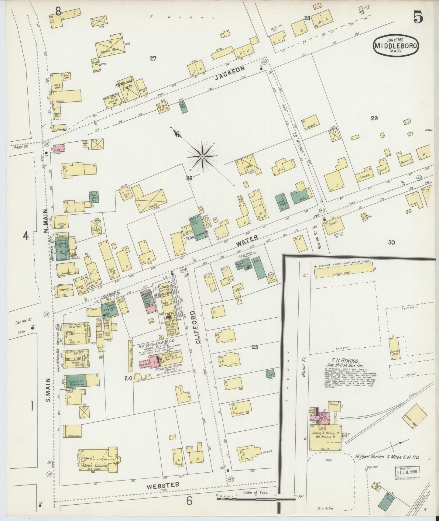 Sanborn Fire Insurance Map from Middleboro, Plymouth County, Massachusetts (1896), Sheet #0005 - Complete Map Set gallery image, historic Sanborn map, vintage wall art, Massachusetts Massachusetts