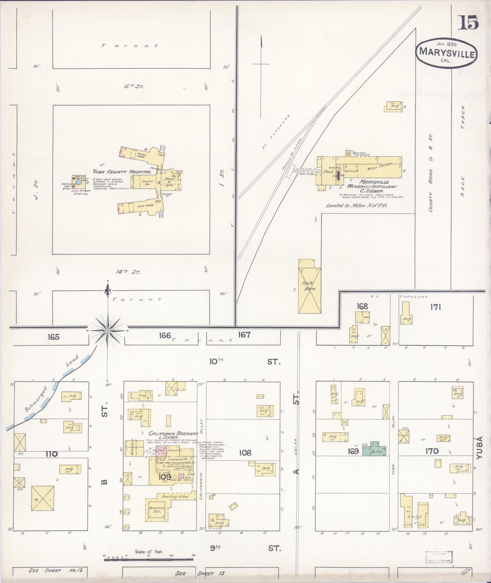 Sanborn Fire Insurance Map from Marysville, Yuba County, California (1890), Sheet #0015 - Historic Sanborn Fire Insurance Map Print, vintage old map wall art, antique decor, genealogy gift, California California map