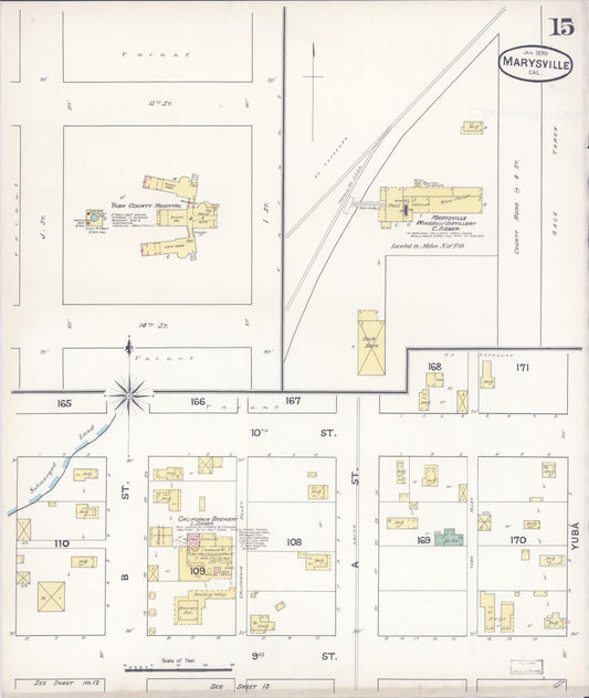 Sanborn Fire Insurance Map from Marysville, Yuba County, California (1890), Sheet #0015 - Historic Sanborn Fire Insurance Map Print, vintage old map wall art, antique decor, genealogy gift, California California map