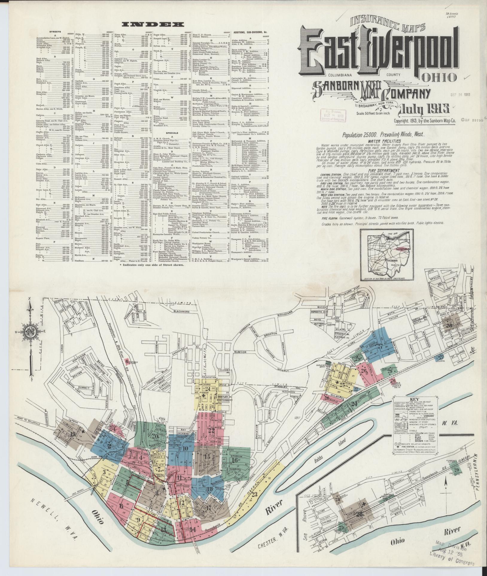 Sanborn Fire Insurance Map from East Liverpool, Columbiana County, Ohio (1913), Sheet #0001 - Historic Sanborn Fire Insurance Map Print, vintage old map wall art, antique decor, genealogy gift, Ohio Ohio map