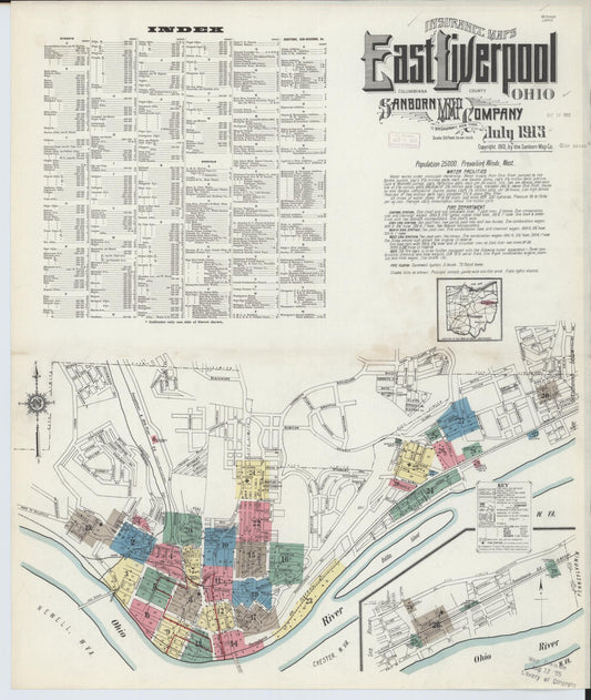 Sanborn Fire Insurance Map from East Liverpool, Columbiana County, Ohio (1913), Sheet #0001 - Historic Sanborn Fire Insurance Map Print, vintage old map wall art, antique decor, genealogy gift, Ohio Ohio map