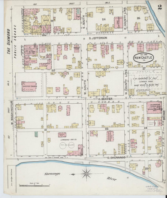 Sanborn Fire Insurance Map from New Castle, Lawrence County, Pennsylvania (1888), Sheet #0002 - Historic Sanborn Fire Insurance Map Print, vintage old map wall art, antique decor, genealogy gift, Pennsylvania Pennsylvania map