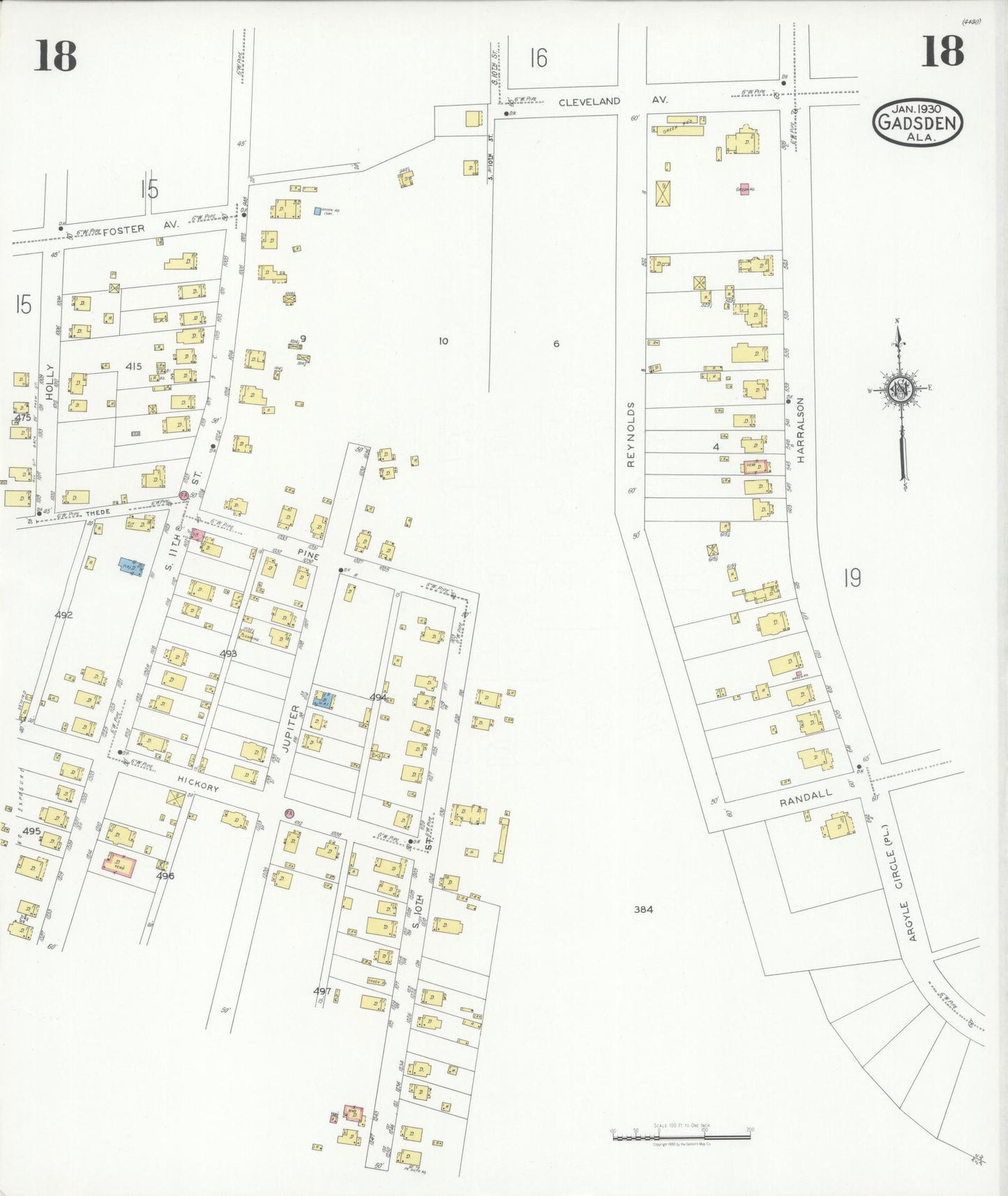 Sanborn Fire Insurance Map from Gadsden, Etowah County, Alabama (1930), Sheet #0018 - Historic Sanborn Fire Insurance Map Print, vintage old map wall art, antique decor, genealogy gift, Alabama Alabama map