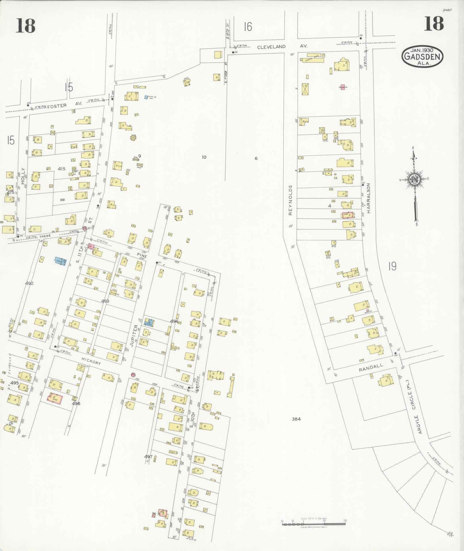 Sanborn Fire Insurance Map from Gadsden, Etowah County, Alabama (1930), Sheet #0018 - Historic Sanborn Fire Insurance Map Print, vintage old map wall art, antique decor, genealogy gift, Alabama Alabama map
