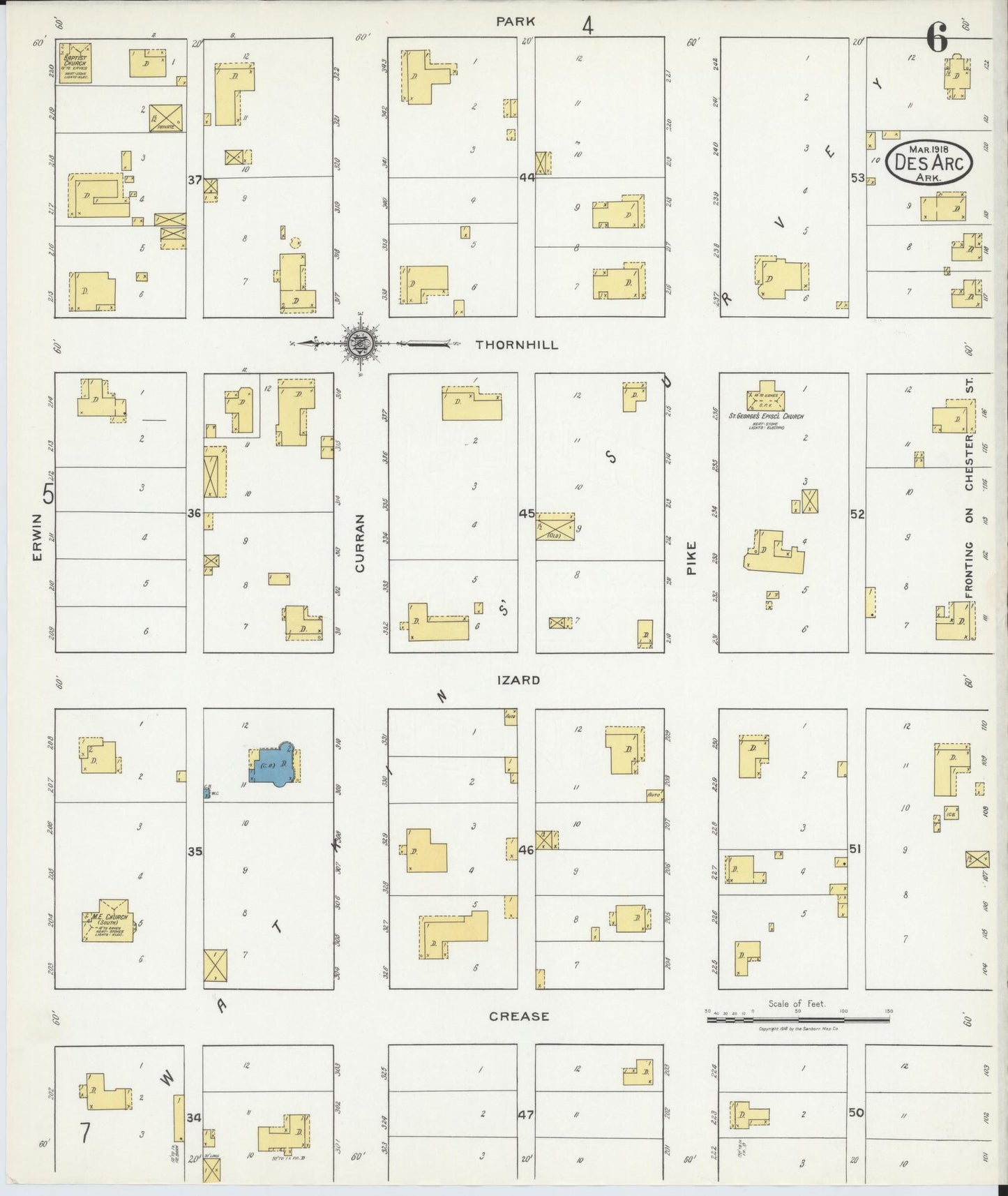 Sanborn Fire Insurance Map from Des Arc, Prarrie County, Arkansas (1918), Sheet #0006 - Complete Map Set gallery image, historic Sanborn map, vintage wall art, Arkansas Arkansas