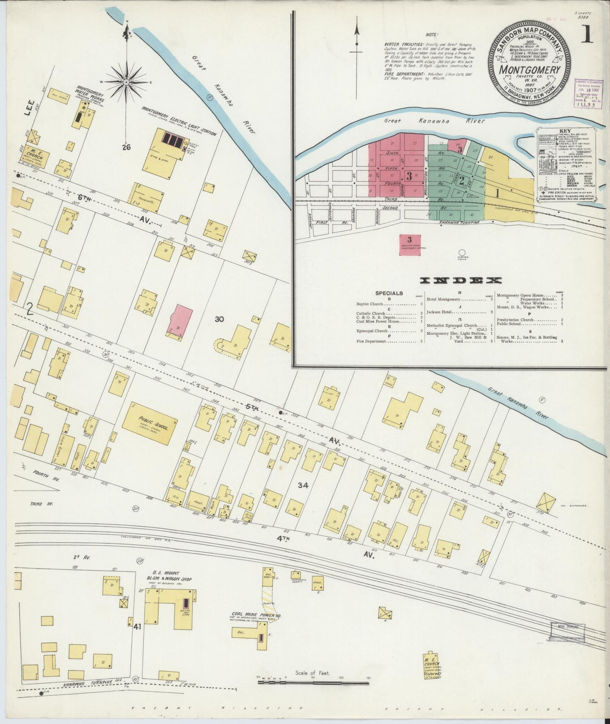 Sanborn Fire Insurance Map from Montgomery, Fayette County, West Virginia (1907), Sheet #0001 - Complete Map Set gallery image, historic Sanborn map, vintage wall art, West Virginia West Virginia